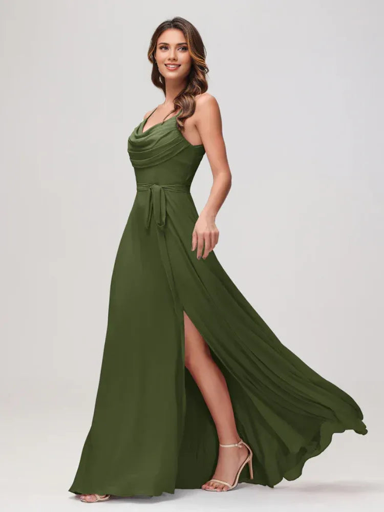 Olive‑Green Chiffon Cowl‑Neck Spaghetti‑Strap Tie‑Waist High‑Slit A‑Line Bridesmaid Dresses