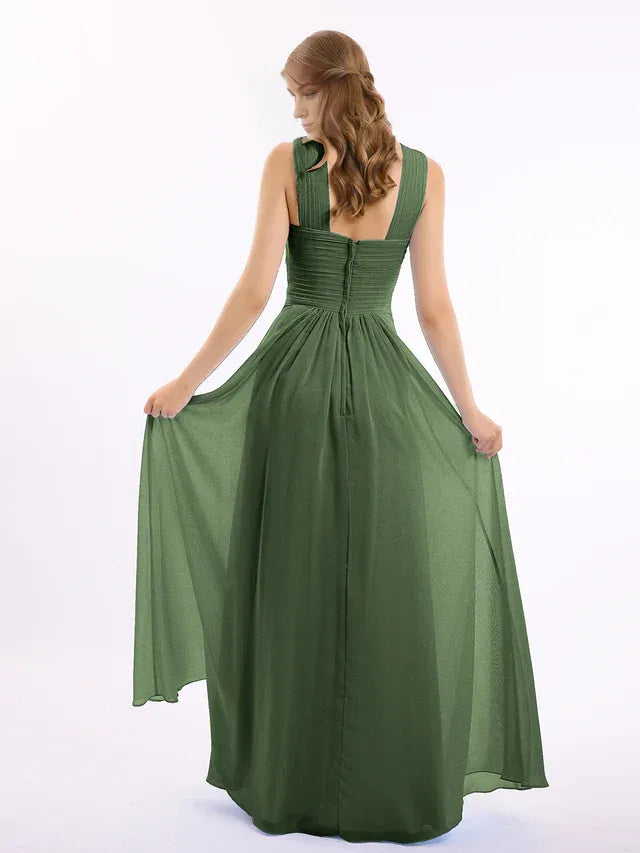 Olive‑Green Chiffon Crisscross‑Shoulder Pleated‑Bodice Empire‑Waist A‑Line Bridesmaid Dresses