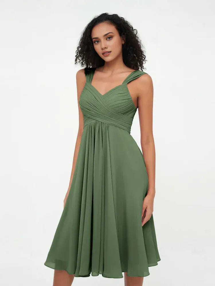 Olive‑Green Chiffon Double‑Strap Ruched‑Bodice Tie‑Back Knee‑Length Bridesmaid Dresses