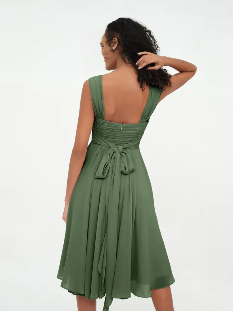 Olive‑Green Chiffon Double‑Strap Ruched‑Bodice Tie‑Back Knee‑Length Bridesmaid Dresses