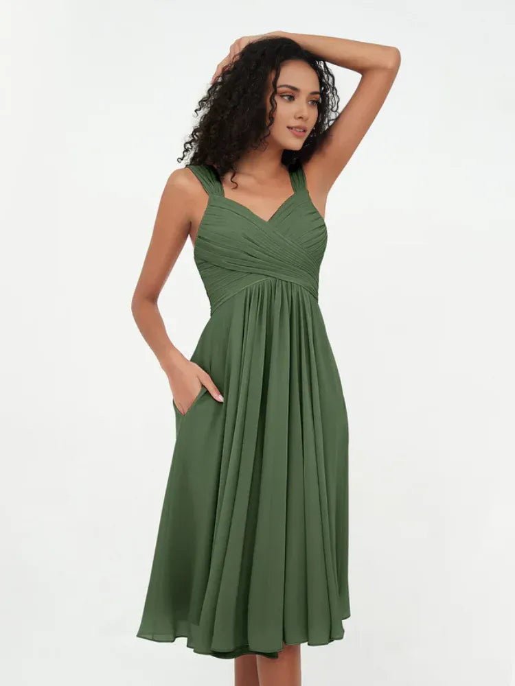 Olive‑Green Chiffon Double‑Strap Ruched‑Bodice Tie‑Back Knee‑Length Bridesmaid Dresses