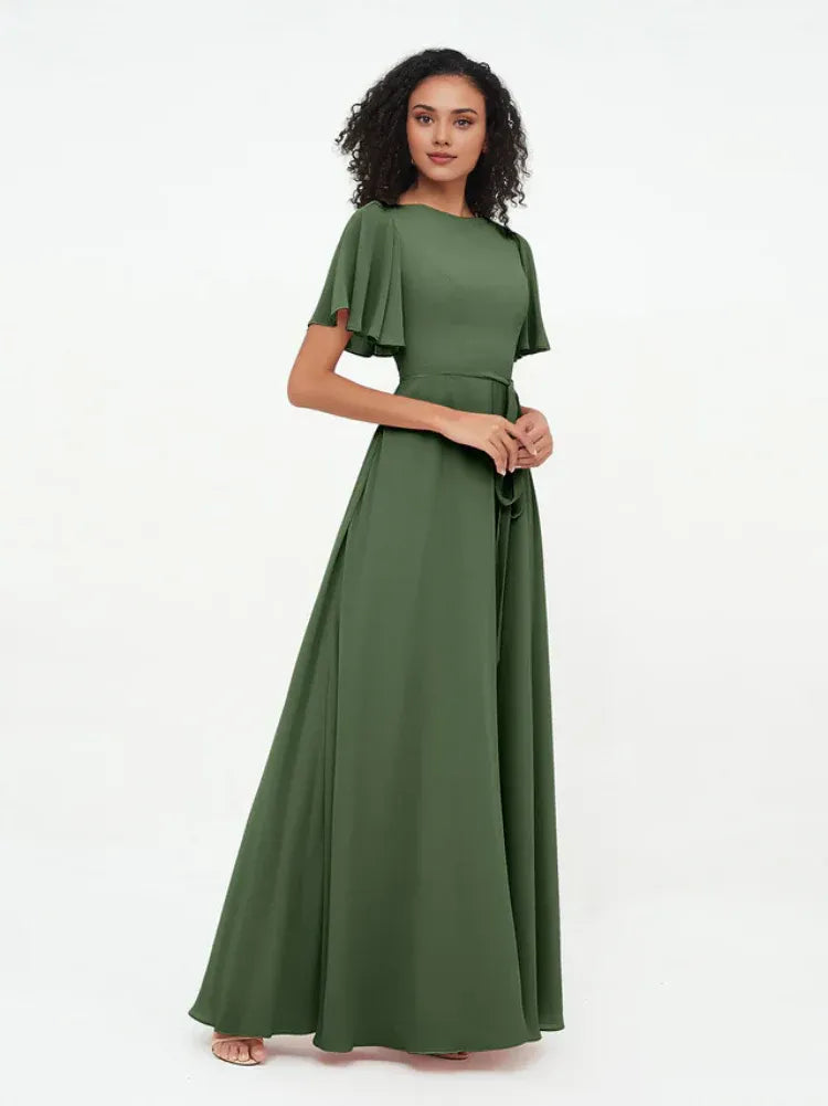 Olive‑Green Chiffon Flutter‑Short‑Sleeve Boat‑Neck Tie‑Waist A‑Line Bridesmaid Dresses
