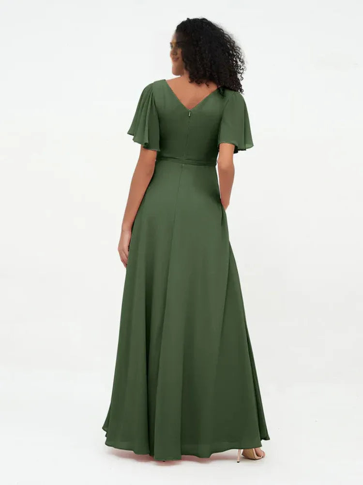 Olive‑Green Chiffon Flutter‑Short‑Sleeve Boat‑Neck Tie‑Waist A‑Line Bridesmaid Dresses