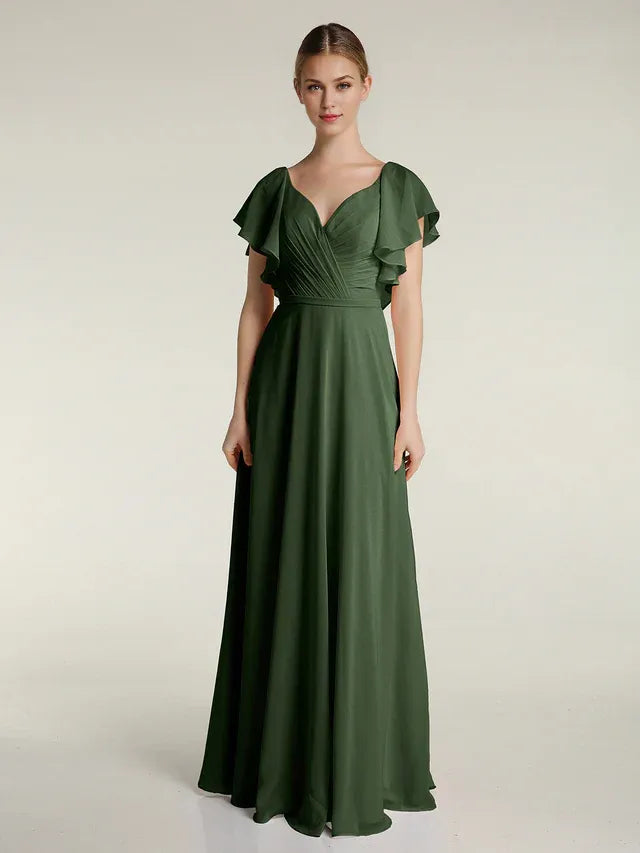Olive‑Green Chiffon Flutter‑Sleeve Pleated‑V‑Neck Tie‑Back A‑Line Bridesmaid Dresses