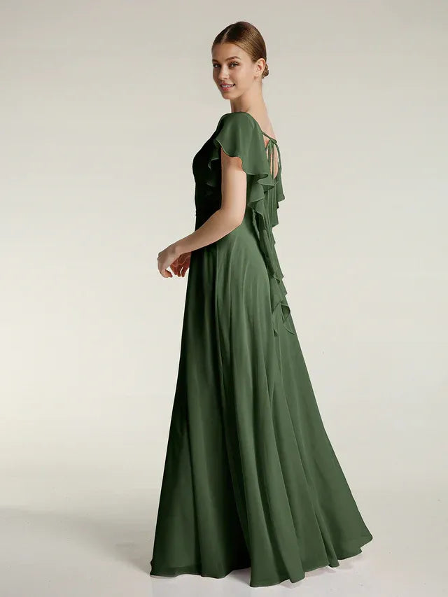 Olive‑Green Chiffon Flutter‑Sleeve Pleated‑V‑Neck Tie‑Back A‑Line Bridesmaid Dresses