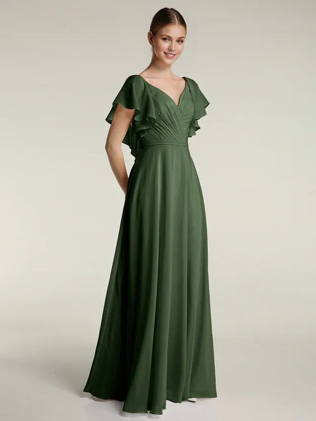 Olive‑Green Chiffon Flutter‑Sleeve Pleated‑V‑Neck Tie‑Back A‑Line Bridesmaid Dresses