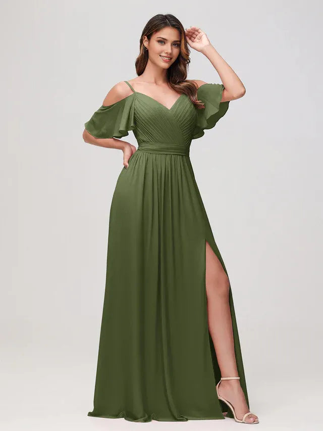 Olive‑Green Chiffon Off‑The‑Shoulder Flutter‑Sleeve Tie‑Bow‑Back High‑Slit A‑Line Bridesmaid Dresses