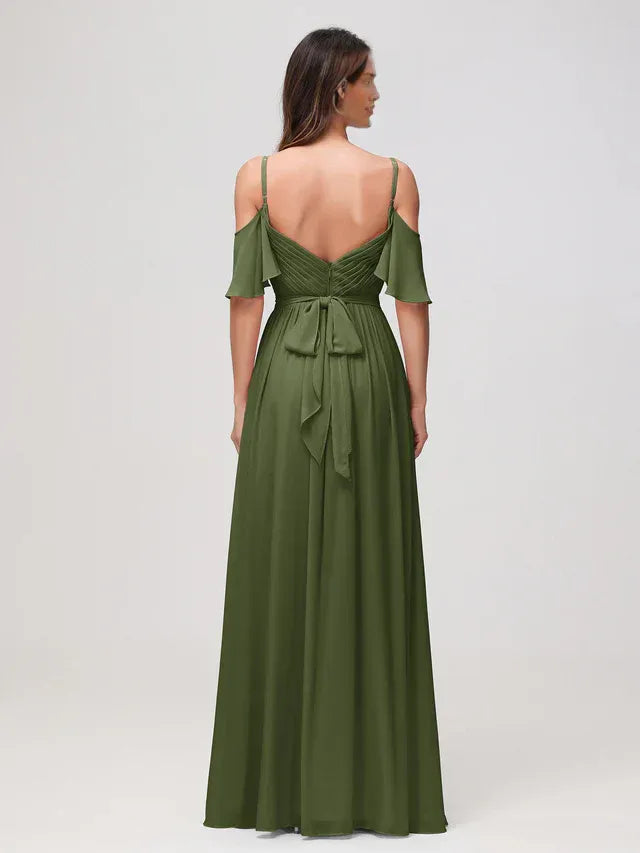 Olive‑Green Chiffon Off‑The‑Shoulder Flutter‑Sleeve Tie‑Bow‑Back High‑Slit A‑Line Bridesmaid Dresses