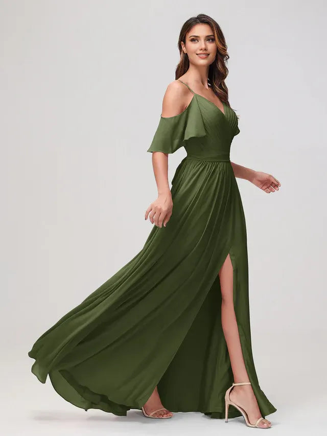 Olive‑Green Chiffon Off‑The‑Shoulder Flutter‑Sleeve Tie‑Bow‑Back High‑Slit A‑Line Bridesmaid Dresses