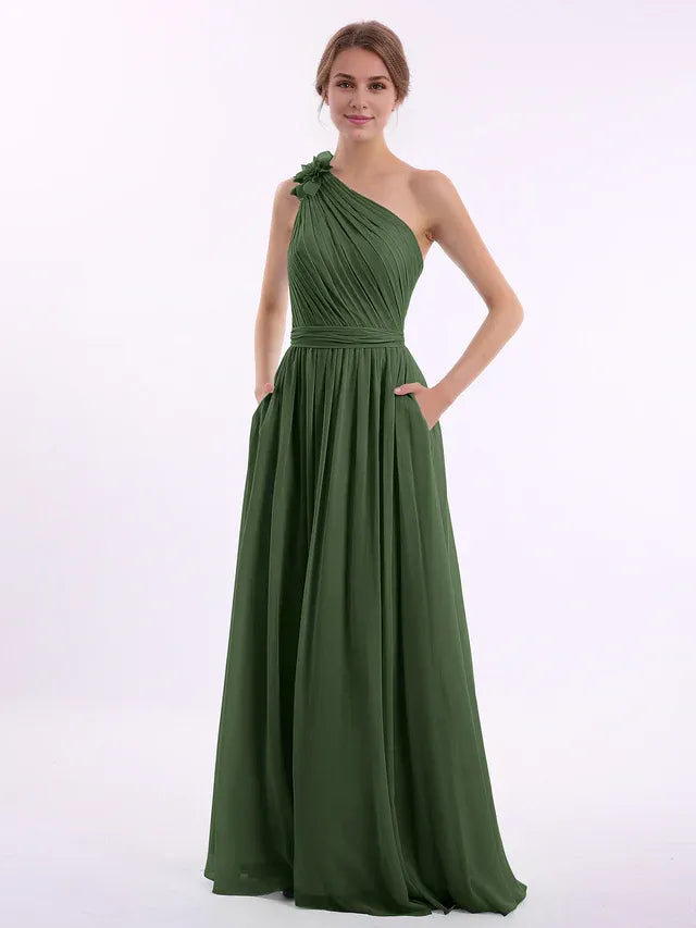 Olive‑Green Chiffon One‑Shoulder Floral‑Applique Tie‑Back Pocket‑Design A‑Line Bridesmaid Dresses