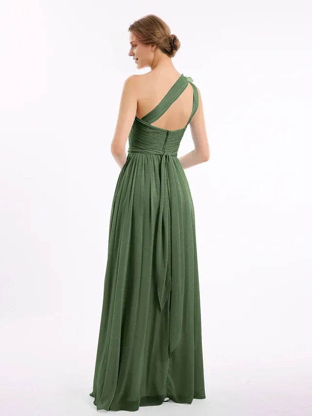 Olive‑Green Chiffon One‑Shoulder Floral‑Applique Tie‑Back Pocket‑Design A‑Line Bridesmaid Dresses