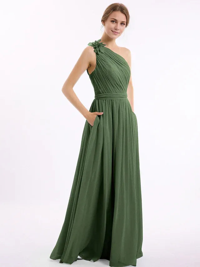 Olive‑Green Chiffon One‑Shoulder Floral‑Applique Tie‑Back Pocket‑Design A‑Line Bridesmaid Dresses