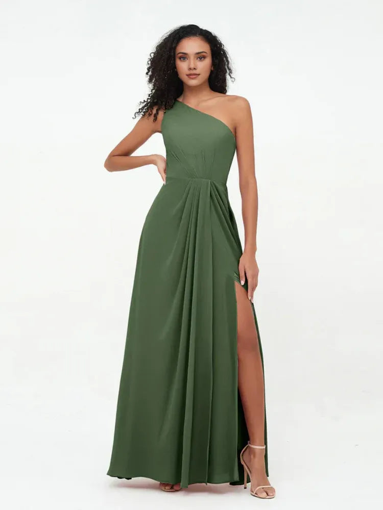 Olive‑Green Chiffon One‑Shoulder Pleated‑Waist High‑Slit A‑Line Bridesmaid Dresses