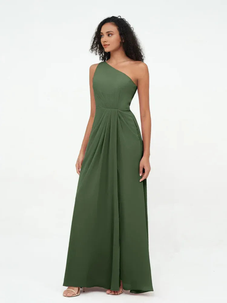 Olive‑Green Chiffon One‑Shoulder Pleated‑Waist High‑Slit A‑Line Bridesmaid Dresses