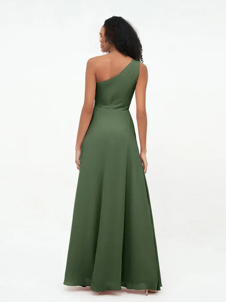 Olive‑Green Chiffon One‑Shoulder Pleated‑Waist High‑Slit A‑Line Bridesmaid Dresses