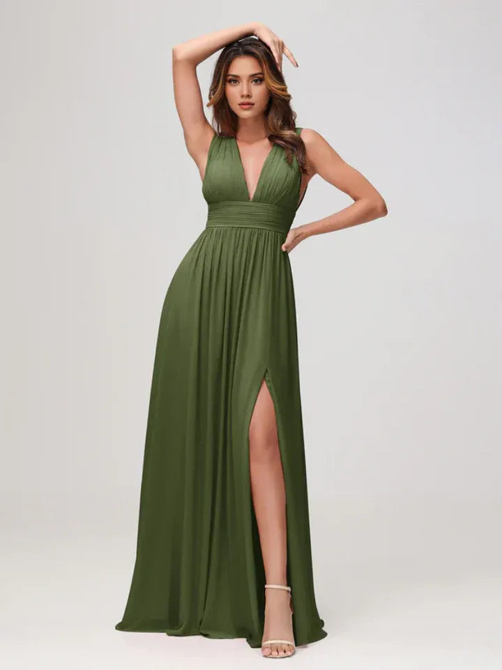 Olive‑Green Chiffon Sleeveless Deep‑V‑Neck Double‑V‑Back High‑Slit Empire‑Waist A‑Line Bridesmaid Dresses