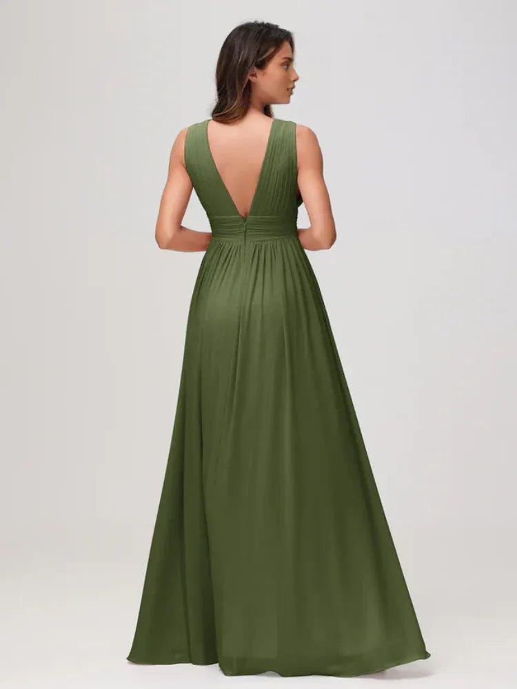 Olive‑Green Chiffon Sleeveless Deep‑V‑Neck Empire‑Waist A‑Line Bridesmaid Dresses
