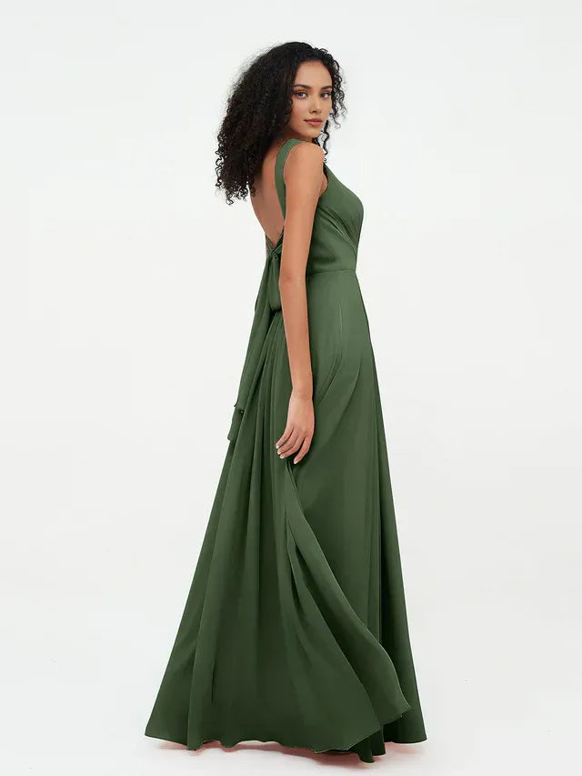 Olive‑Green Chiffon Sleeveless Deep‑V‑Neck Tie‑Bow‑Back Pocket‑Design A‑Line Bridesmaid Dresses