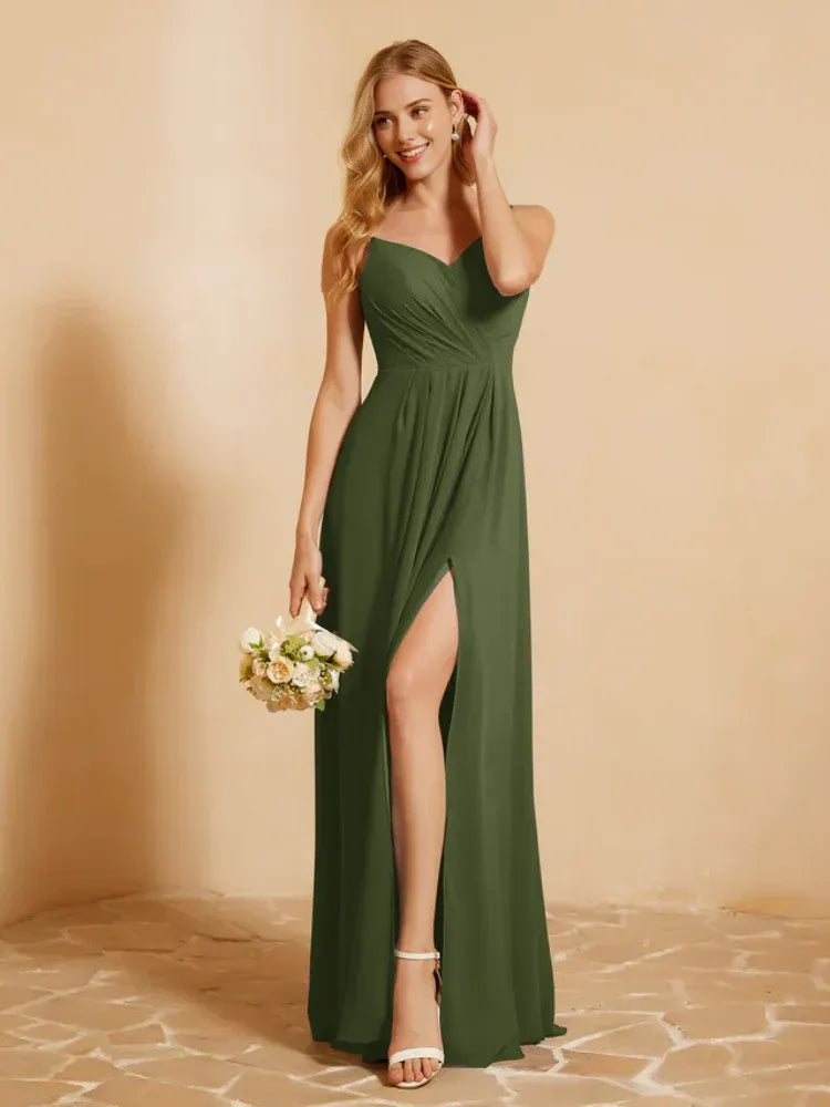 Olive‑Green Chiffon Spaghetti‑Strap Twist‑Front Tie‑Bow‑Back High‑Slit A‑Line Bridesmaid Dresses