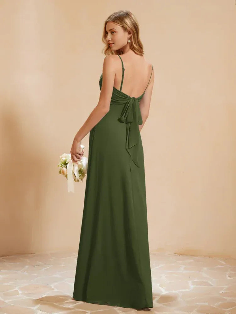 Olive‑Green Chiffon Spaghetti‑Strap Twist‑Front Tie‑Bow‑Back High‑Slit A‑Line Bridesmaid Dresses