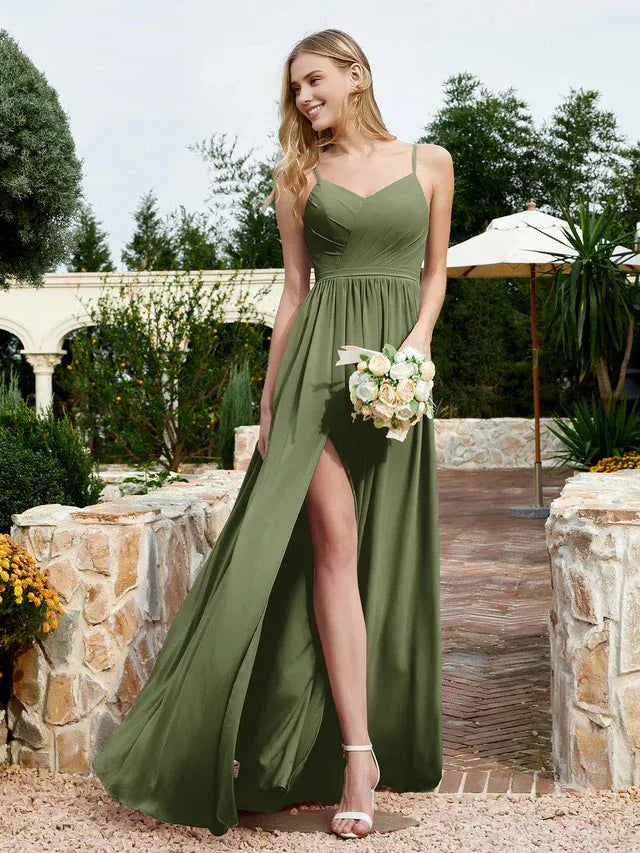 Olive‑Green Chiffon Spaghetti‑Strap V‑Neck Crisscross‑Back High‑Slit A‑Line Bridesmaid Dresses