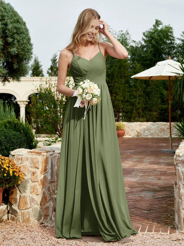 Olive‑Green Chiffon Spaghetti‑Strap V‑Neck Crisscross‑Back High‑Slit A‑Line Bridesmaid Dresses