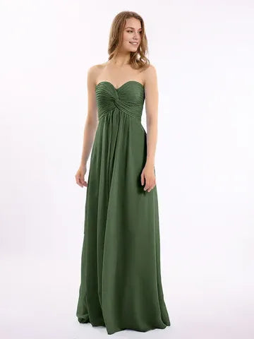 Olive‑Green Chiffon Strapless Twist‑Front Empire‑Waist A‑Line Bridesmaid Dresses