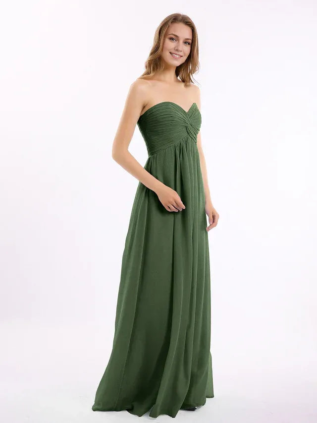 Olive‑Green Chiffon Strapless Twist‑Front Empire‑Waist A‑Line Bridesmaid Dresses