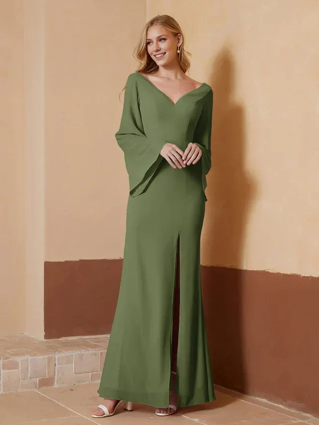 Olive‑Green Crepe Long‑Sleeve V‑Neck Low‑Back High‑Slit Mermaid Bridesmaid Dresses