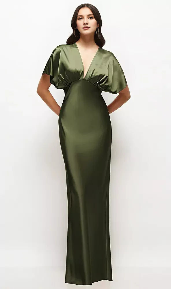 Olive‑Green Satin Dolman‑Short‑Sleeve Deep‑V Mermaid Bridesmaid Dresses