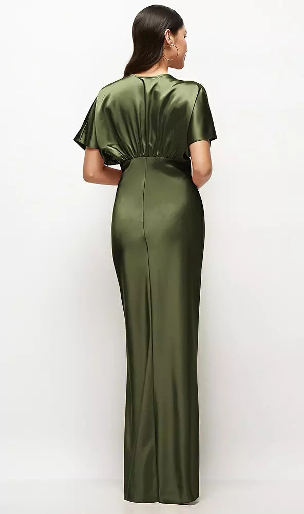 Olive‑Green Satin Dolman‑Short‑Sleeve Deep‑V Mermaid Bridesmaid Dresses