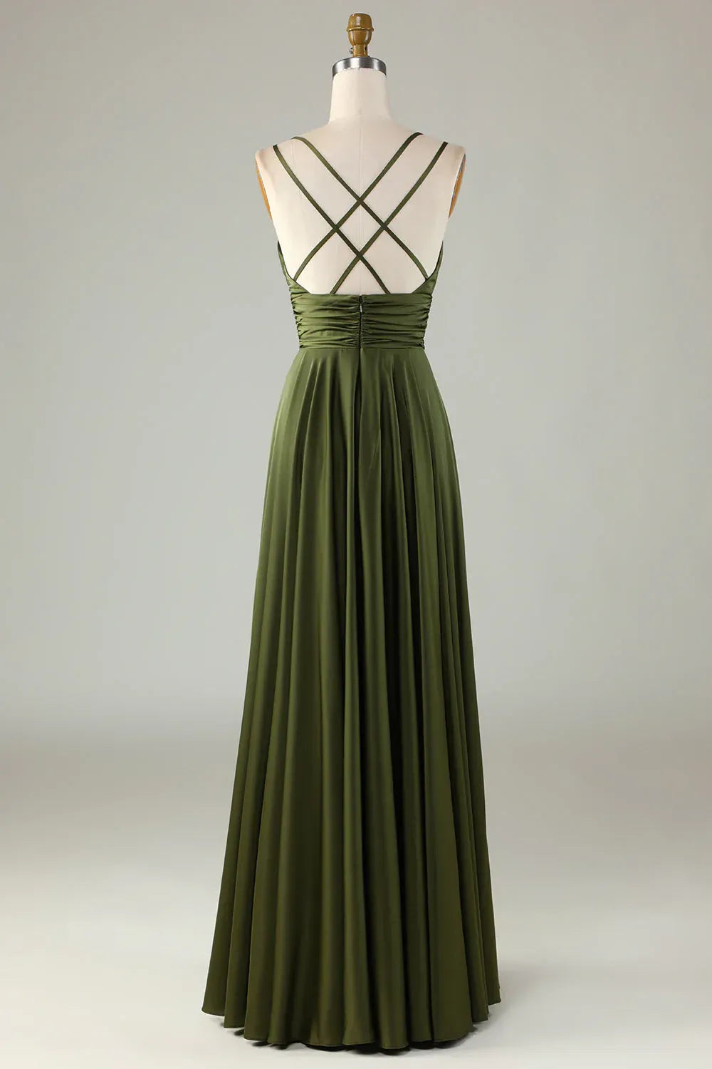 Olive‑Green Satin Double‑Spaghetti‑Strap Cross‑Back A‑Line Bridesmaid Dresses