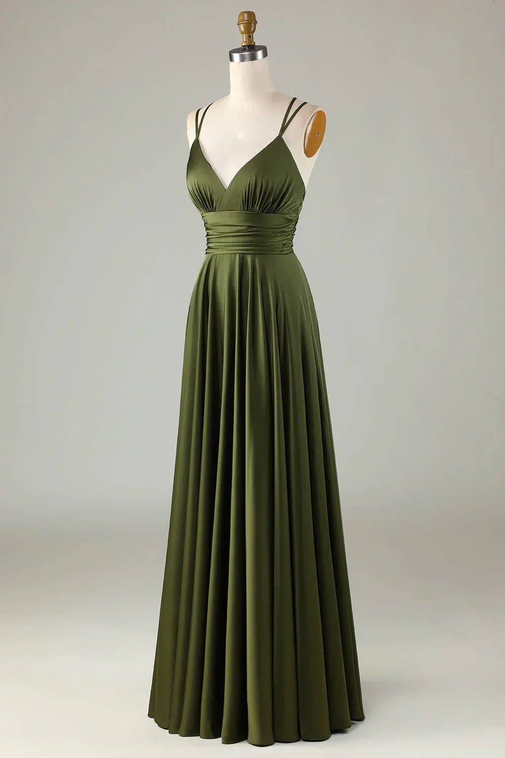 Olive‑Green Satin Double‑Spaghetti‑Strap Cross‑Back A‑Line Bridesmaid Dresses