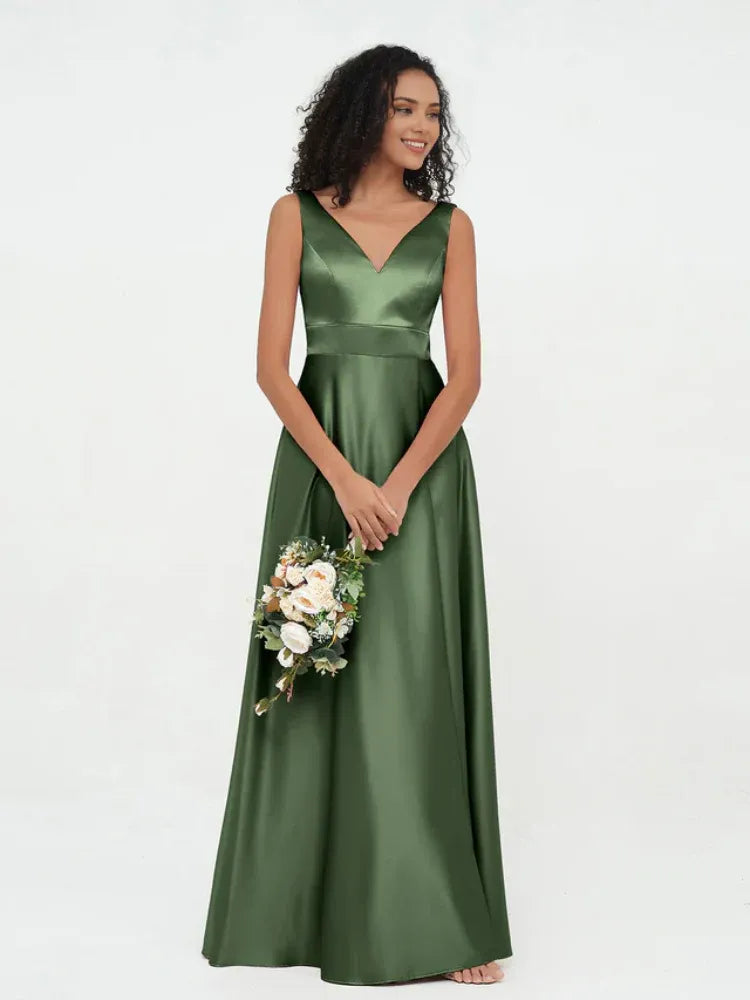 Olive‑Green Satin Sleeveless Deep‑V‑Neck Pocket‑Design A‑Line Bridesmaid Dresses