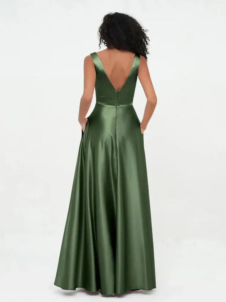 Olive‑Green Satin Sleeveless Deep‑V‑Neck Pocket‑Design A‑Line Bridesmaid Dresses