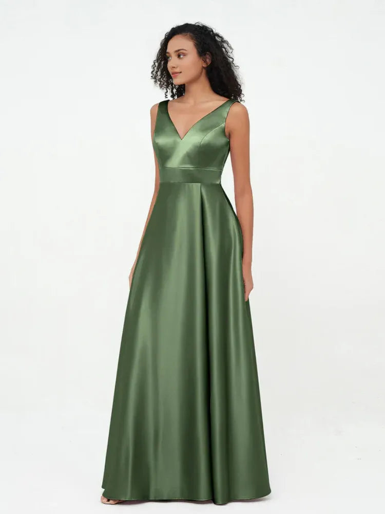 Olive‑Green Satin Sleeveless Deep‑V‑Neck Pocket‑Design A‑Line Bridesmaid Dresses