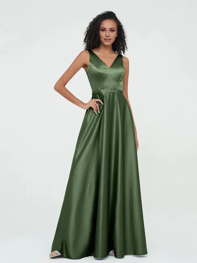 Olive‑Green Satin Sleeveless Double‑V‑Neck A‑Line Bridesmaid Dresses