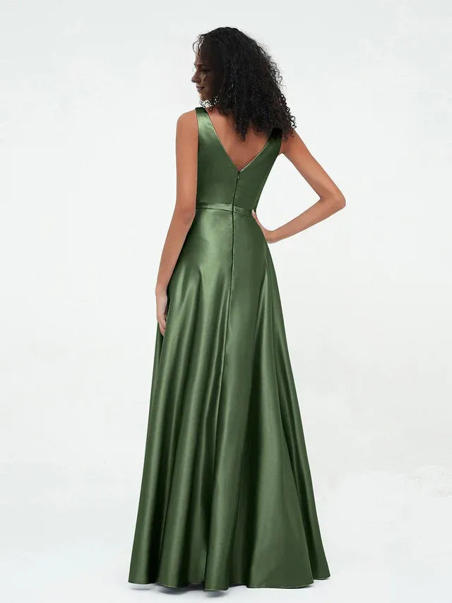 Olive‑Green Satin Sleeveless Double‑V‑Neck A‑Line Bridesmaid Dresses