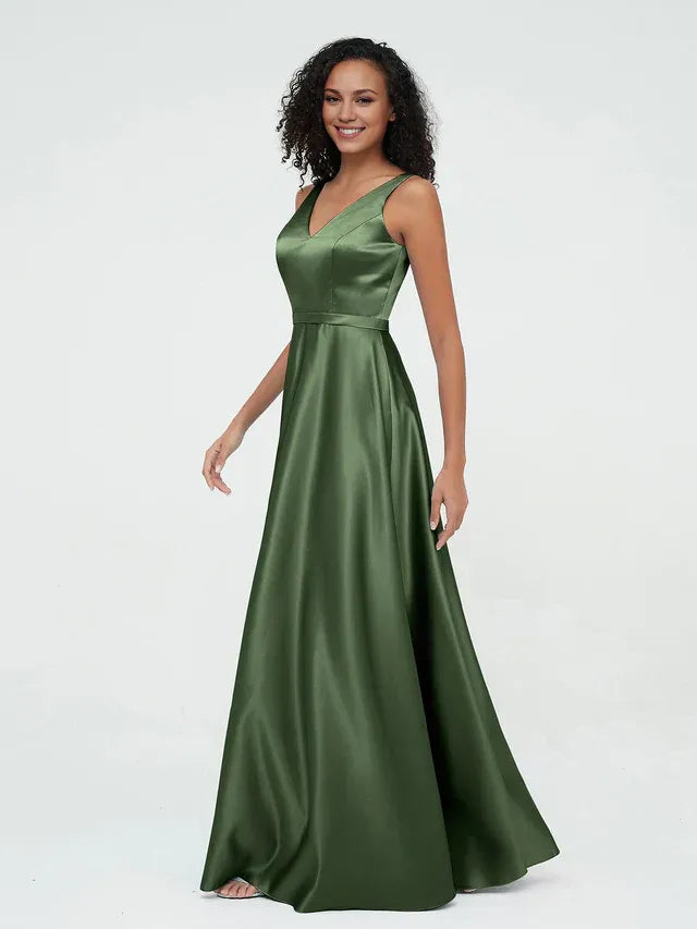 Olive‑Green Satin Sleeveless Double‑V‑Neck A‑Line Bridesmaid Dresses