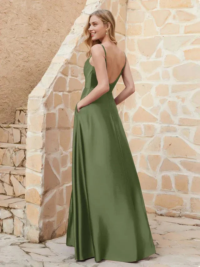 Olive‑Green Satin Spaghetti‑Strap Cowl‑Neck Low‑Back Pocket‑Design A‑Line Bridesmaid Dresses