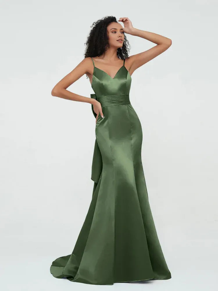 Olive‑Green Satin Spaghetti‑Strap V‑Neck Big‑Bow‑Back Mermaid Bridesmaid Dresses