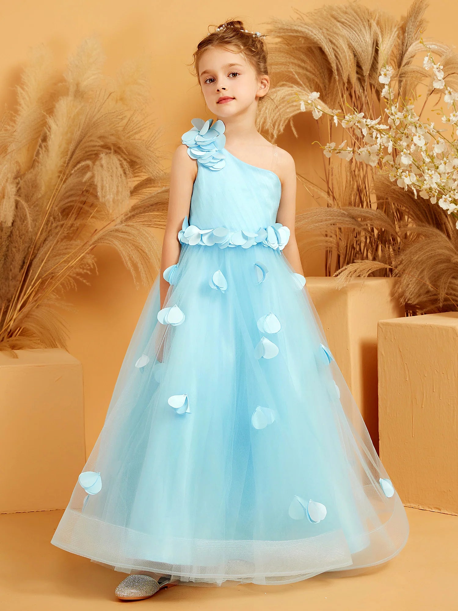 One Shoulder 3D Floral Petal Sky Blue Tulle Floor Length Flower Girl Dresses