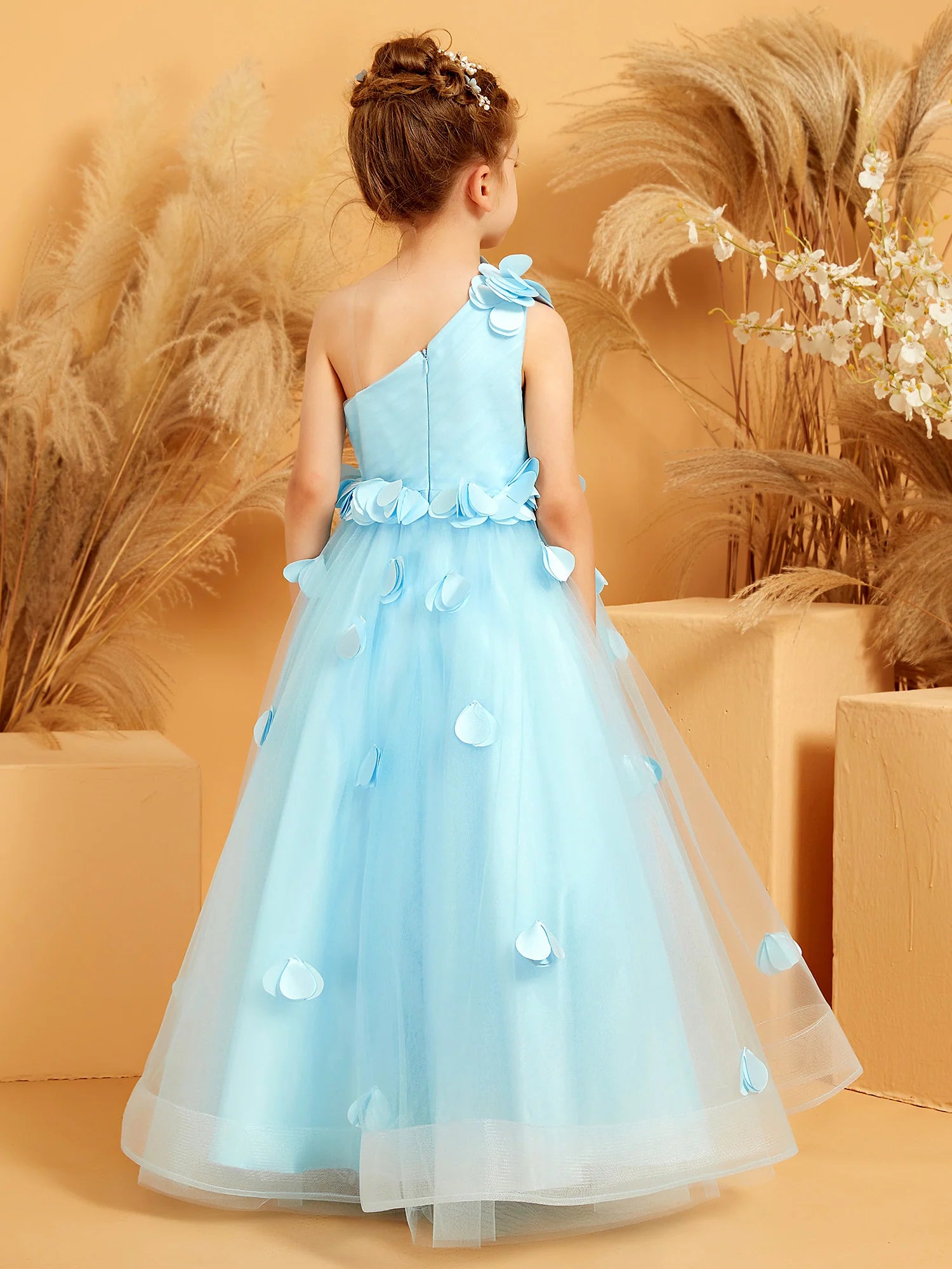 One Shoulder 3D Floral Petal Sky Blue Tulle Floor Length Flower Girl Dresses