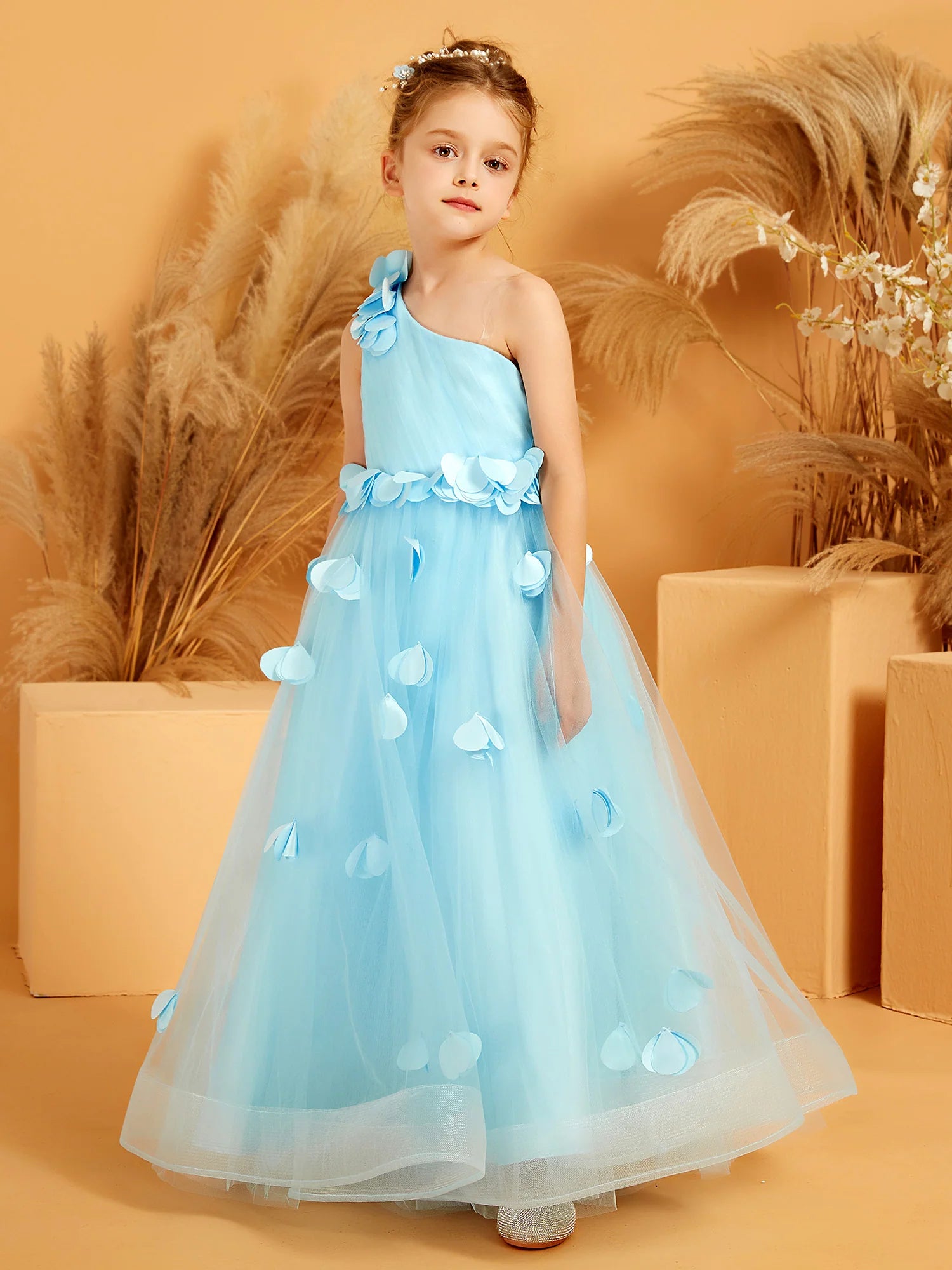 One Shoulder 3D Floral Petal Sky Blue Tulle Floor Length Flower Girl Dresses