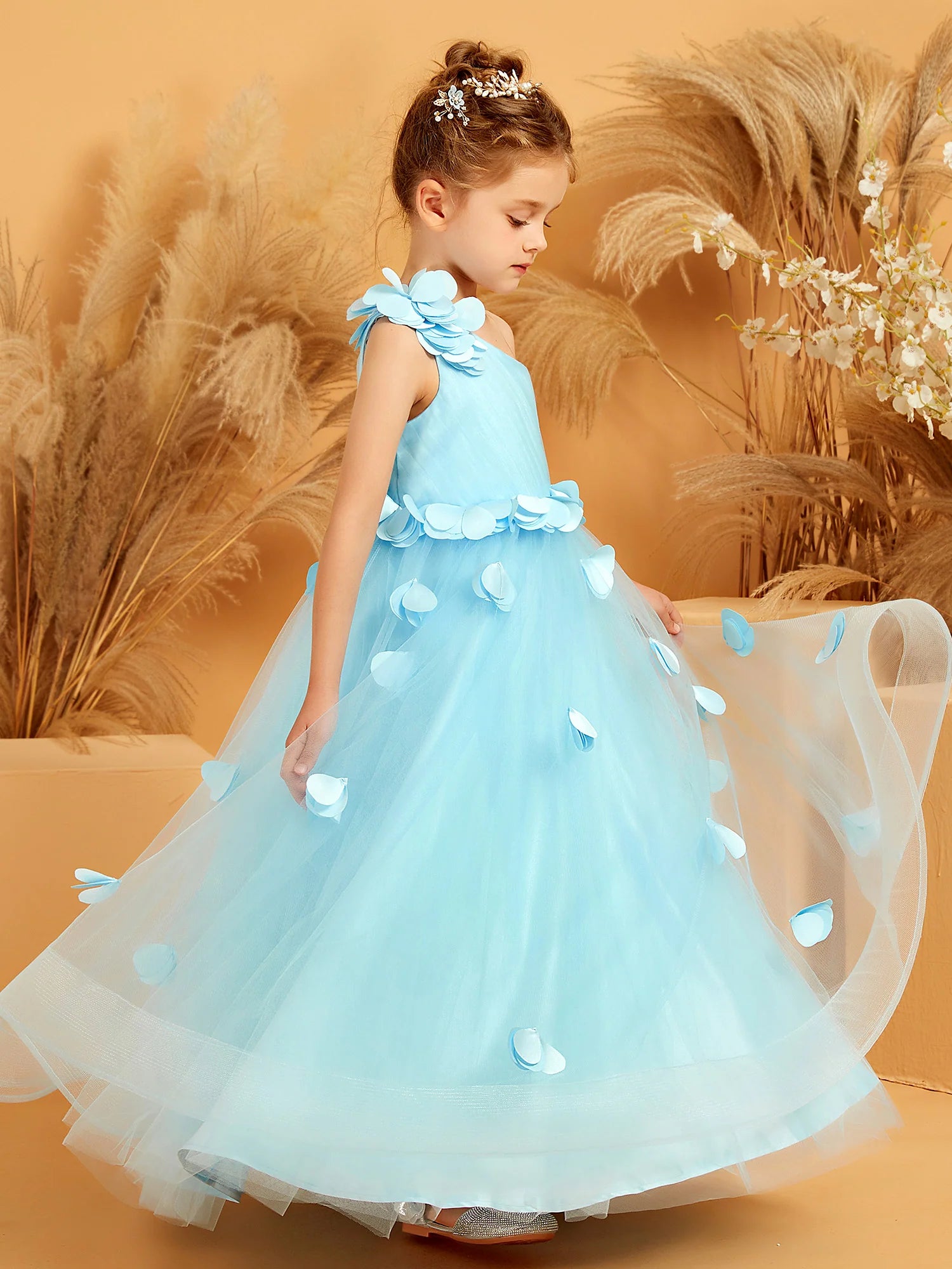 One Shoulder 3D Floral Petal Sky Blue Tulle Floor Length Flower Girl Dresses