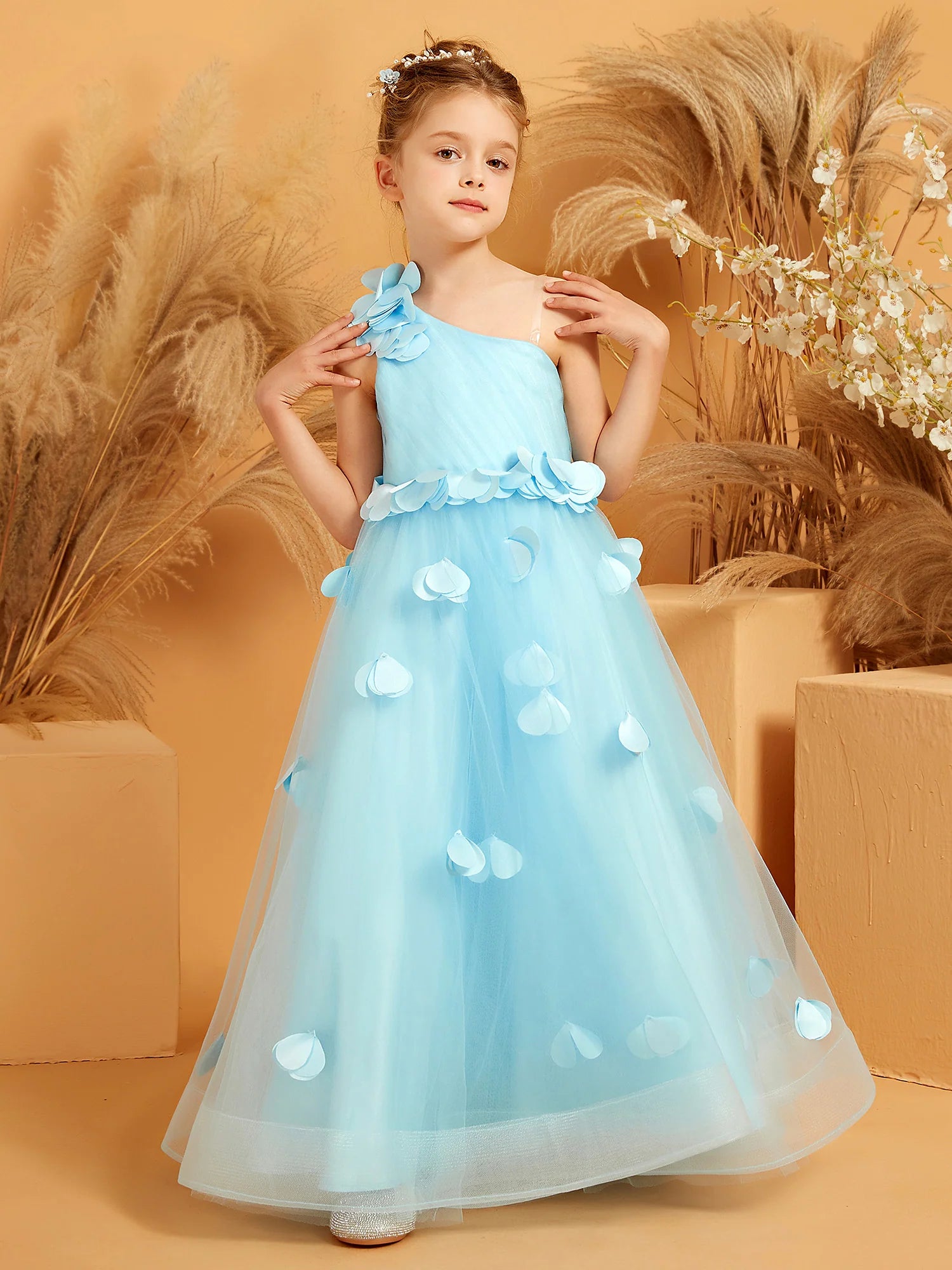 One Shoulder 3D Floral Petal Sky Blue Tulle Floor Length Flower Girl Dresses