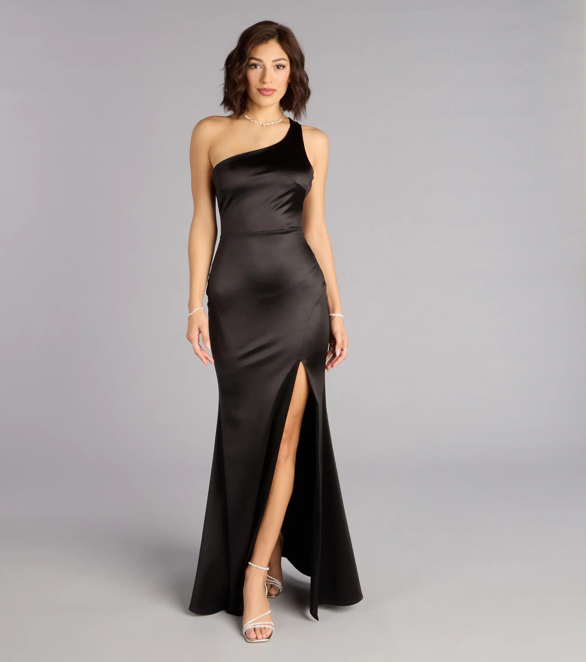 One Shoulder Back Cutout High Slit Black Satin Mermaid Maxi Wedding Guest Dress