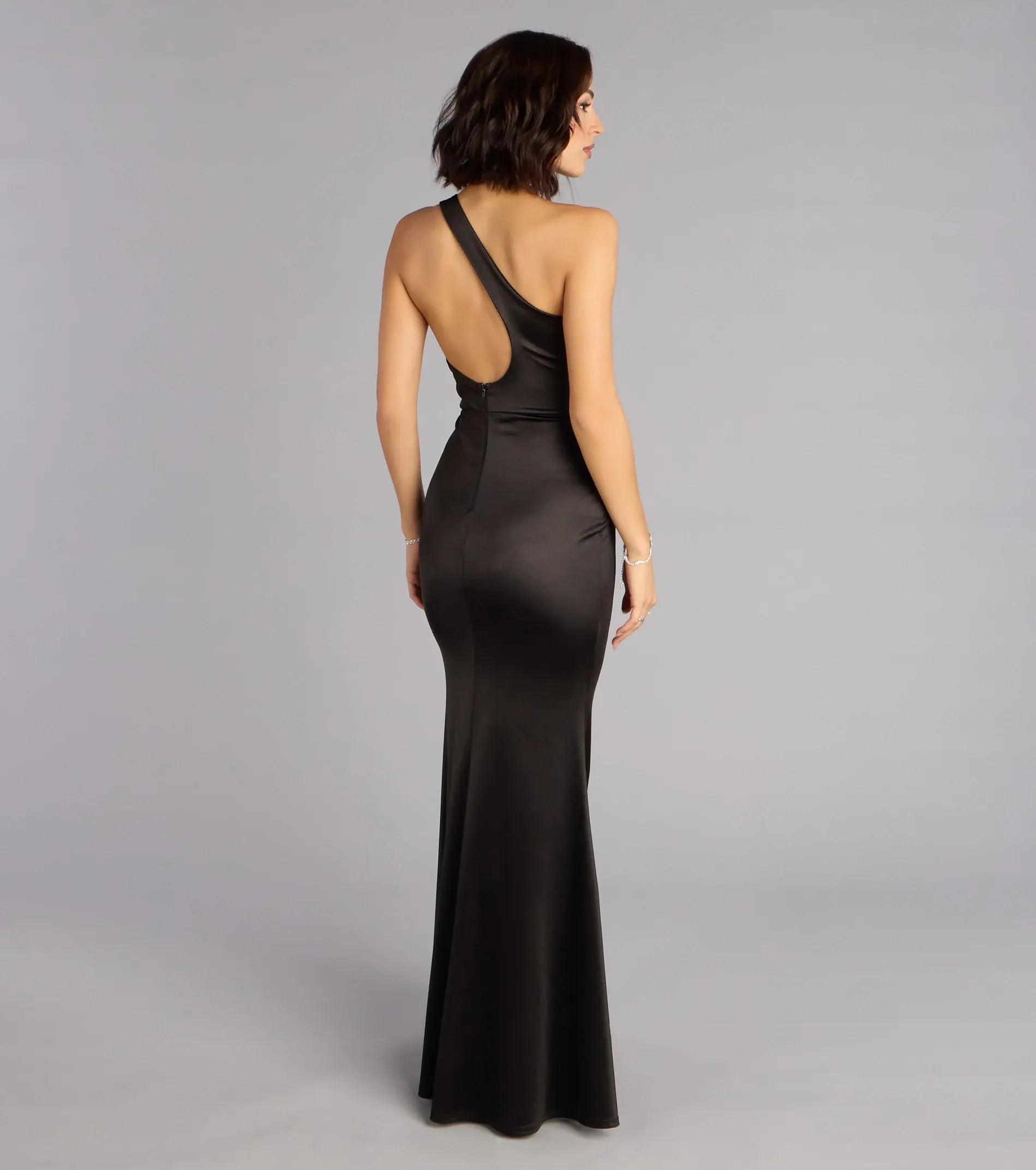 One Shoulder Back Cutout High Slit Black Satin Mermaid Maxi Wedding Guest Dress
