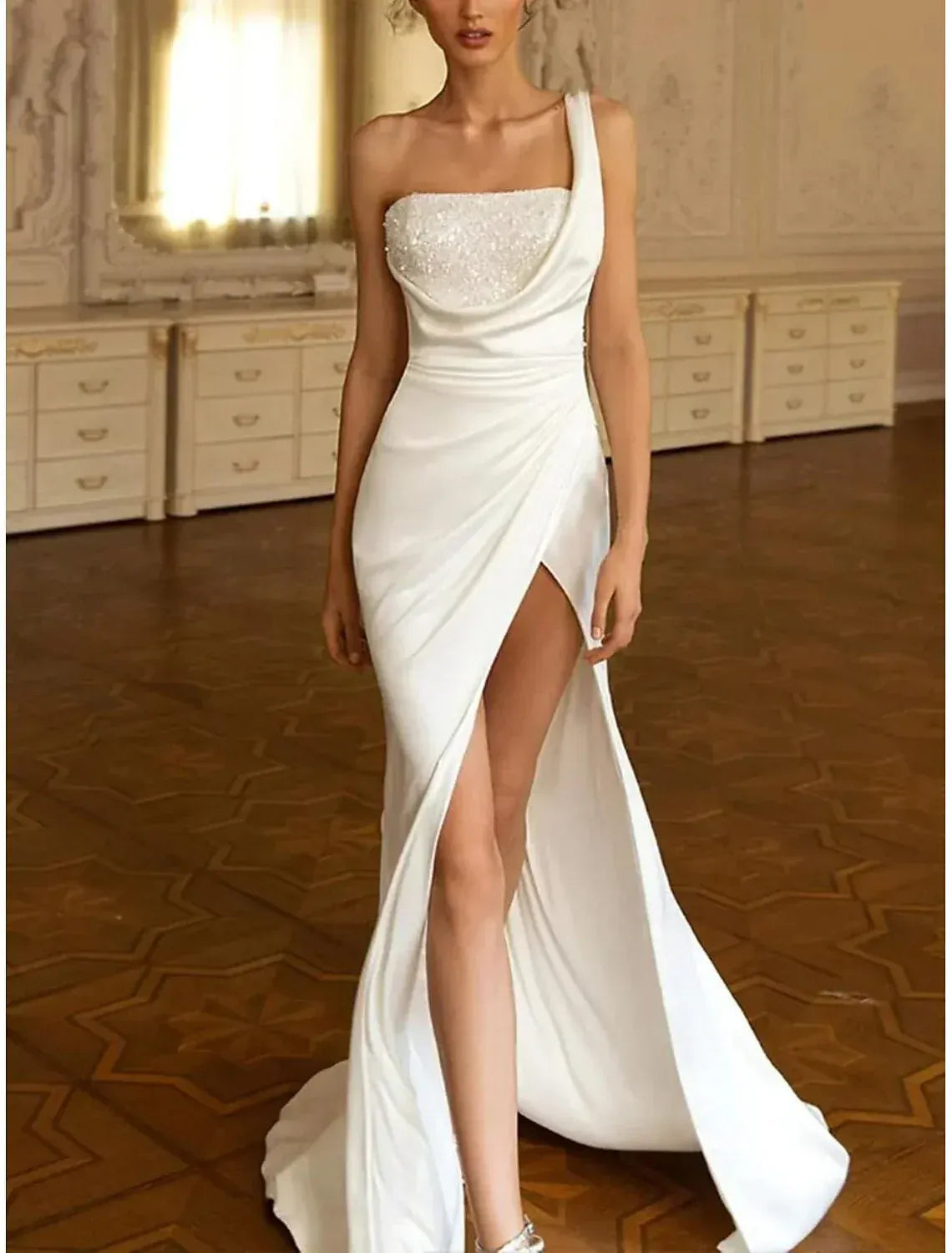 One Shoulder Beaded Cowl Draped High Slit Gloss Satin Mermaid Wedding Dress With Train