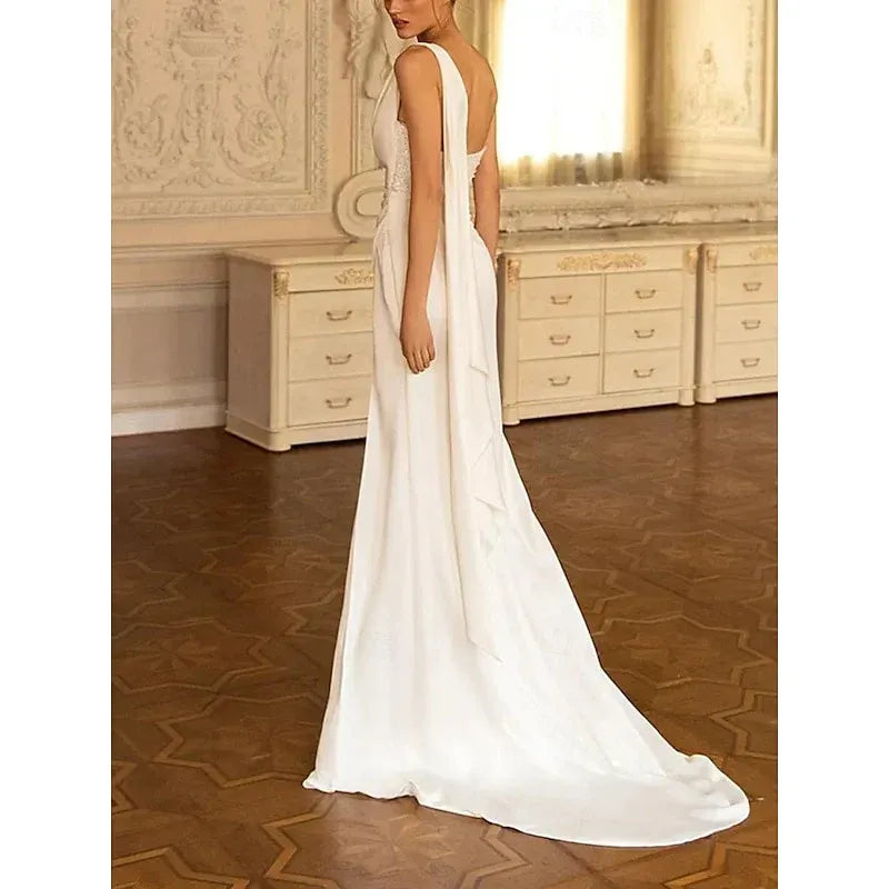 One Shoulder Beaded Cowl Draped High Slit Gloss Satin Mermaid Wedding Dress With Train